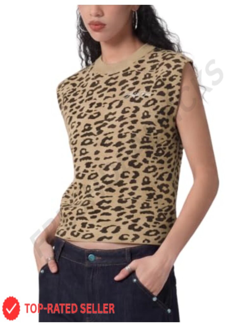 Leopard Print Knit Sweater Vest Sleeveless Round Neck Pullover
